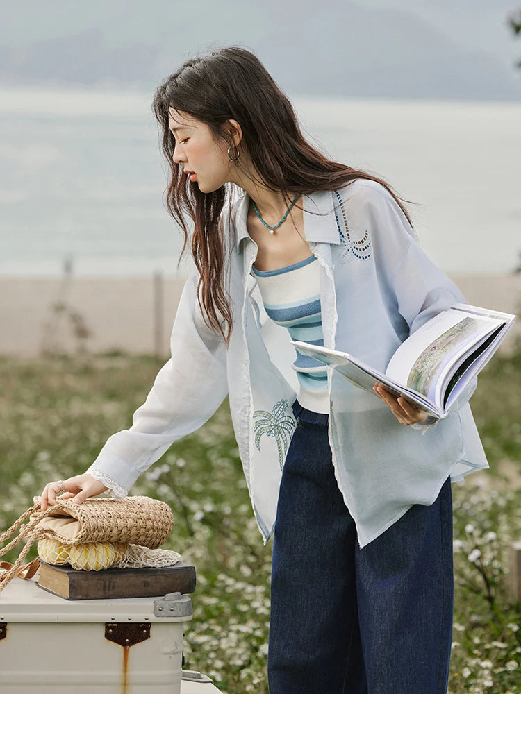 MISHOW Blue Office Lady Shirts Women 2025 Summer New Round Neck Long Sleeve Hollow Embroidery Blouses Female Fashion MXE31C0775