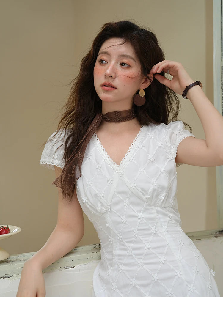 MISHOW Women's V-neck Lace Spliced Dress 2025 Summer New Embroidery Vacation French Style Jacquard Mid-Length Dresses MXE38L2378