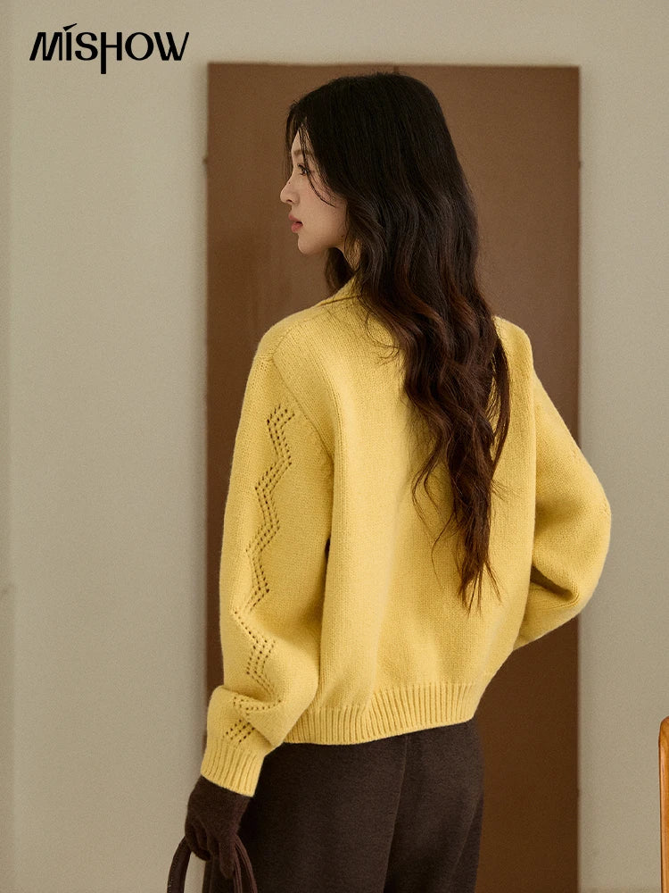 MISHOW Women's Hollow Pattern Knitted Cardigan 2025 Winter Yellow Lapel Single Breasted Sweater Loose Pullover Tops MXE94Z2961