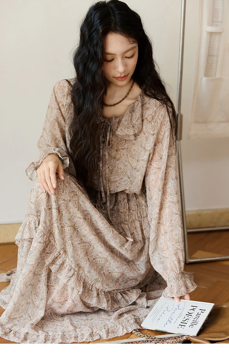 MISHOW Cashew Flower Dress for Woman 2025 Autumn Romantic Style Printed Dress Long Sleeve Ruffled Tie Waist Dress MXE46L2520