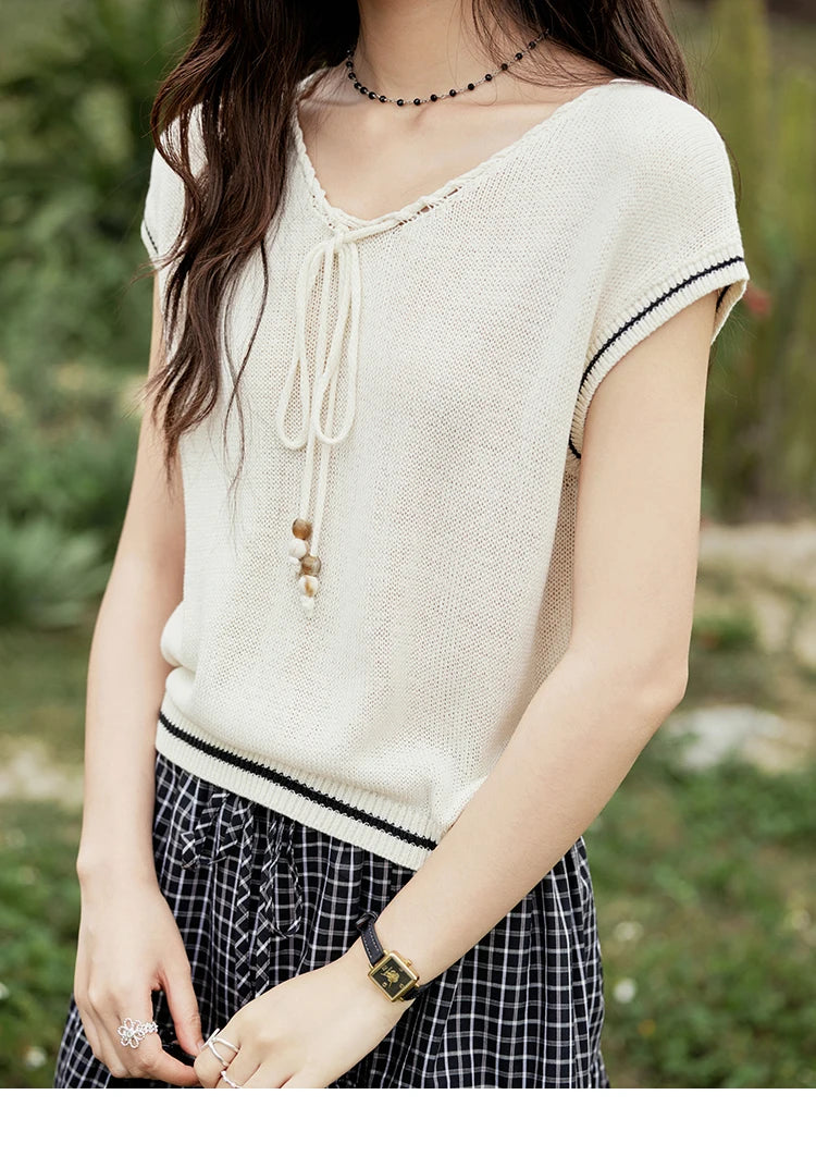 MISHOW Office Lady Summer Knitted Sweater V-neck Short Sleeve Solid Slimming Bead Design Pullover Female Lazy Tops MXE33Z1227