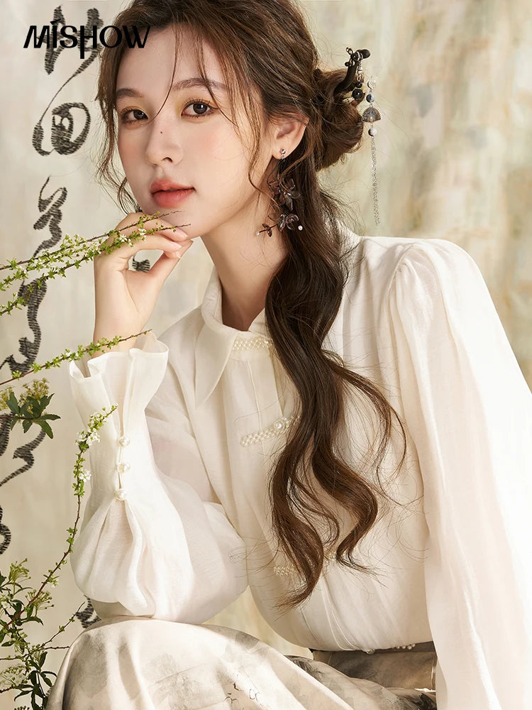 MISHOW Chinese Style Lapel Shirt 2024 Spring Retro Button Pearl Embellishments Folded Cuffs Petal Sleeve Loose Top MXD11X1344