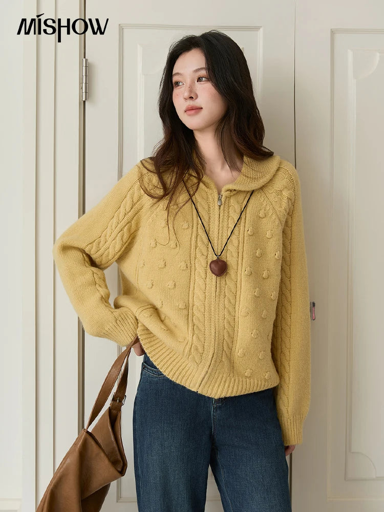 MISHOW Zipper Knit Cardigan Women 2025 Winter Yellow Turn-down Collar Loose Thick Sweater Luxury Comfort Casual Top MXE49Z2619