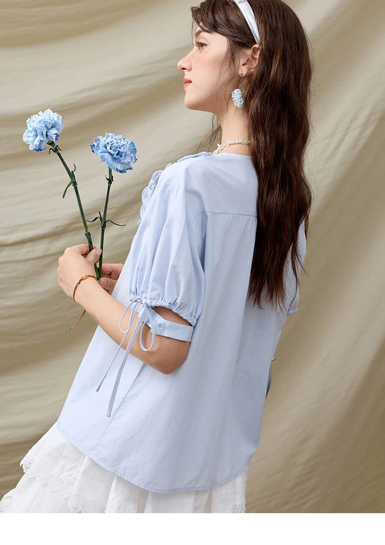 MISHOW French New Shirts Women Summer 2025 Solid Short Sleeve V-neck Embroidered Loose Blouses Female Loose Versatile MXE31X1774