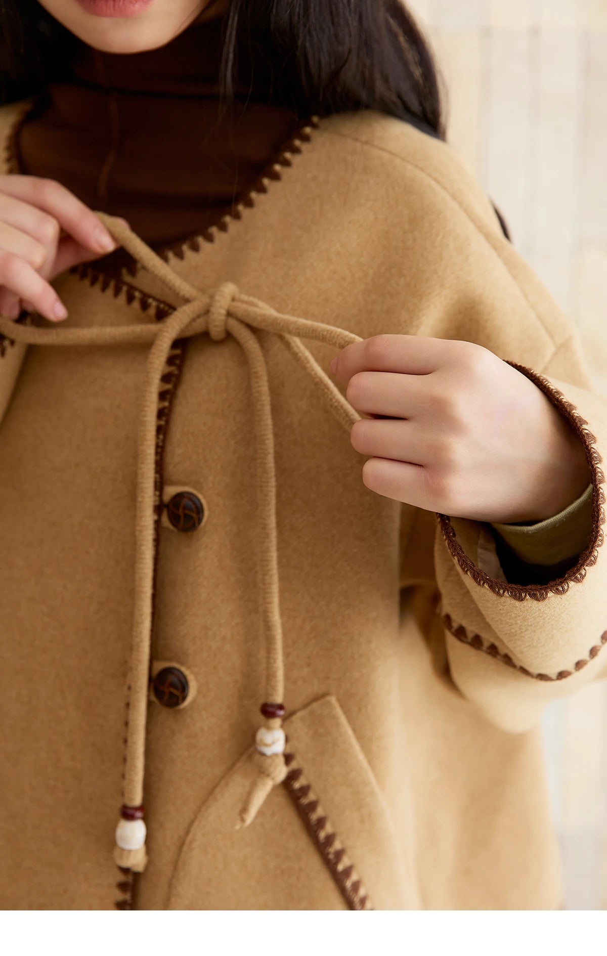 MISHOW Coat for Women 2025 Autumn Winter Khaki Asymmetrical Design Shell Flower Embroidery Lace-up Short Casual Coat MXE49W0854