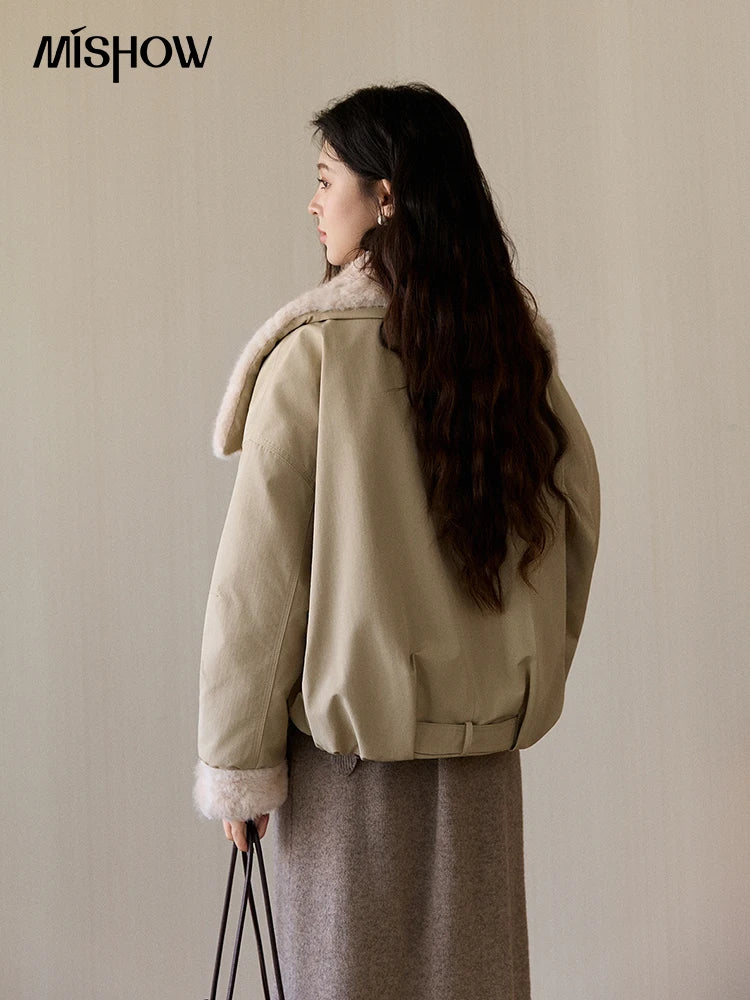 MISHOW Women's Parka Down Jacket Winter Large Lapel Fur Collar Horn Button Coat Thick Warm Loose Padded Outerwear MXE94W1046