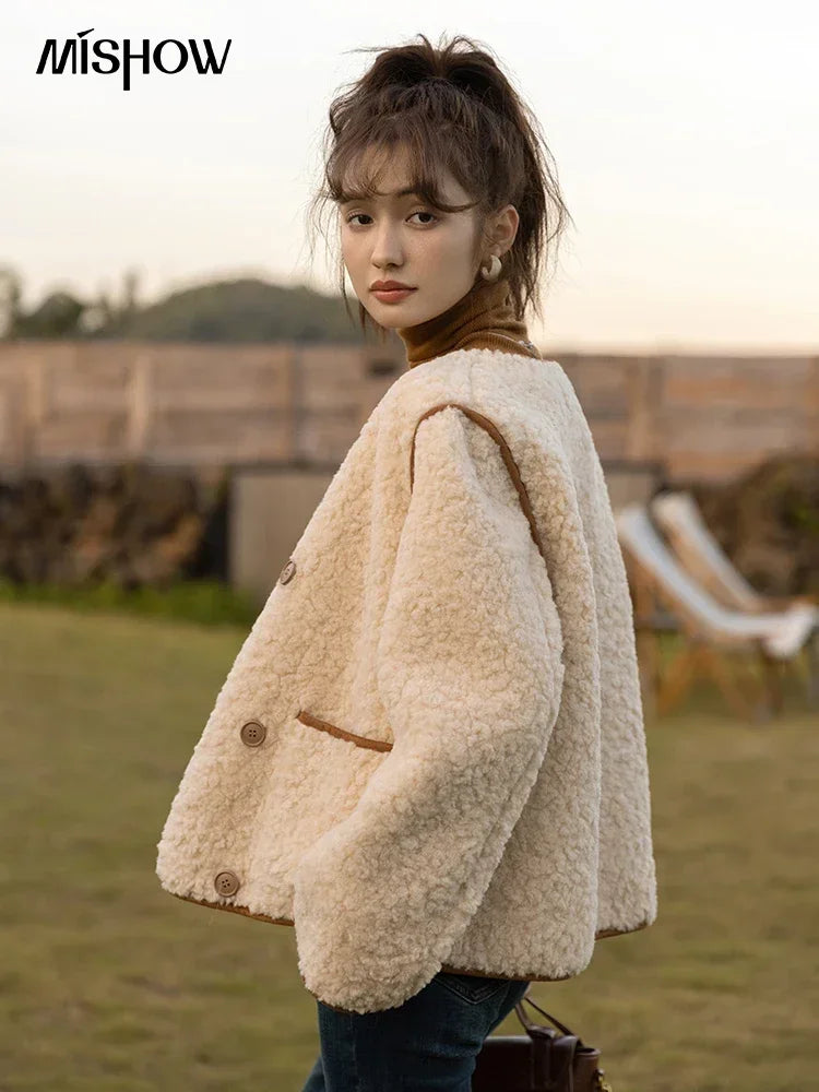 MISHOW Lamb Wool Coat 2023 Double Breasted Winter French Lambswool Jacket Women's Thick Warm Solid New Outerwears MXB45W0850