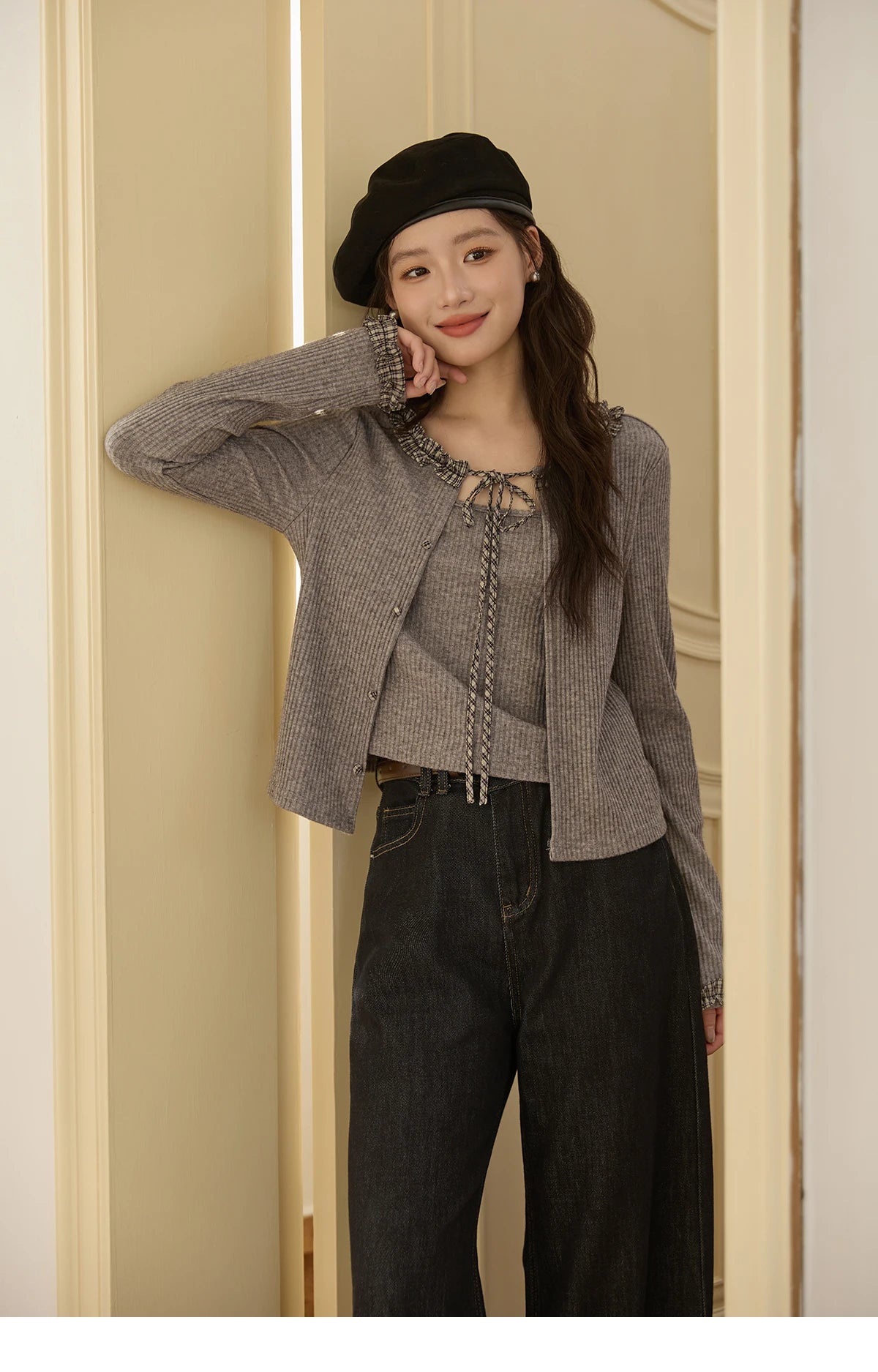 MISHOW Plaid Black Fungus Edge Tied Knitted Sweater for Women Autumn 2025 Pit Striped Knitted Fake Two-piece Top MXE44Z1361