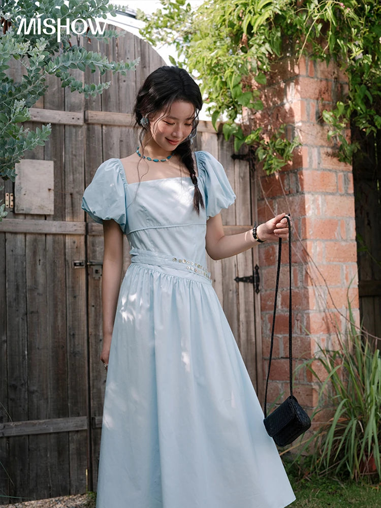 MISHOW Women's Square Neck Short Sleeve Dress 2025 Summer New Fashion Puff Sleeve Double Belt Dresses Ladies Clothing MXE34L2222