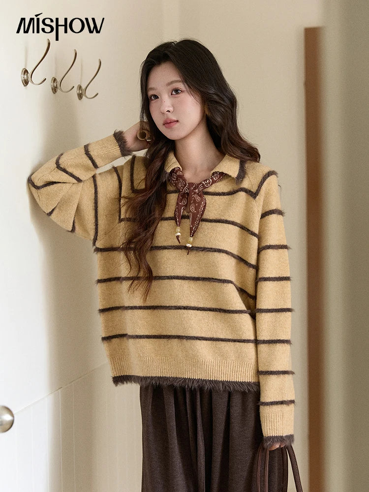 MISHOW Women's Faux Mink Fur Striped Sweater 2025 Winter Loose Lapel Tassel Hem Thickened Knitwwear Excluding Scarves MXE93Z2945