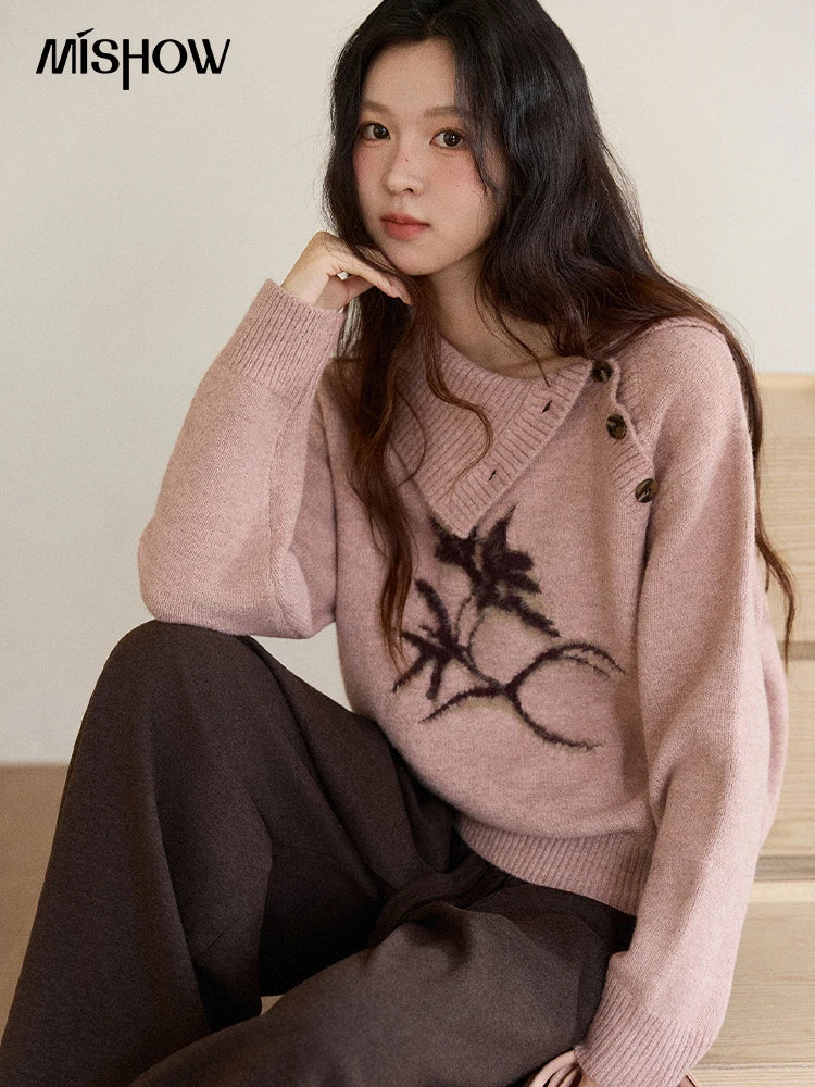 MISHOW Plant Jacquard Sweater for Woman 2025 Winter French Style Casual Turtleneck Design Knitted Pullover Tops Woman MXE86Z2658