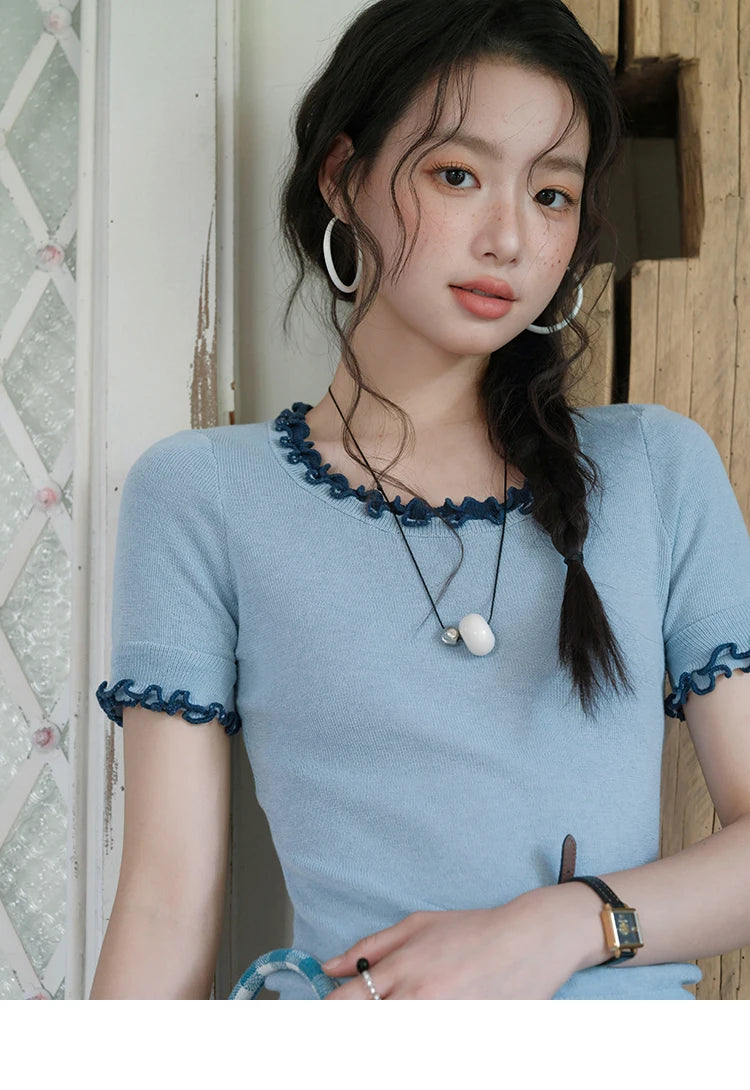 MISHOW Women's Round Neck Knit T-shirt Summer 2025 Fashion Ear Edge Short Top Casual Short Sleeve Tee Female Clothing MXE32Z1233