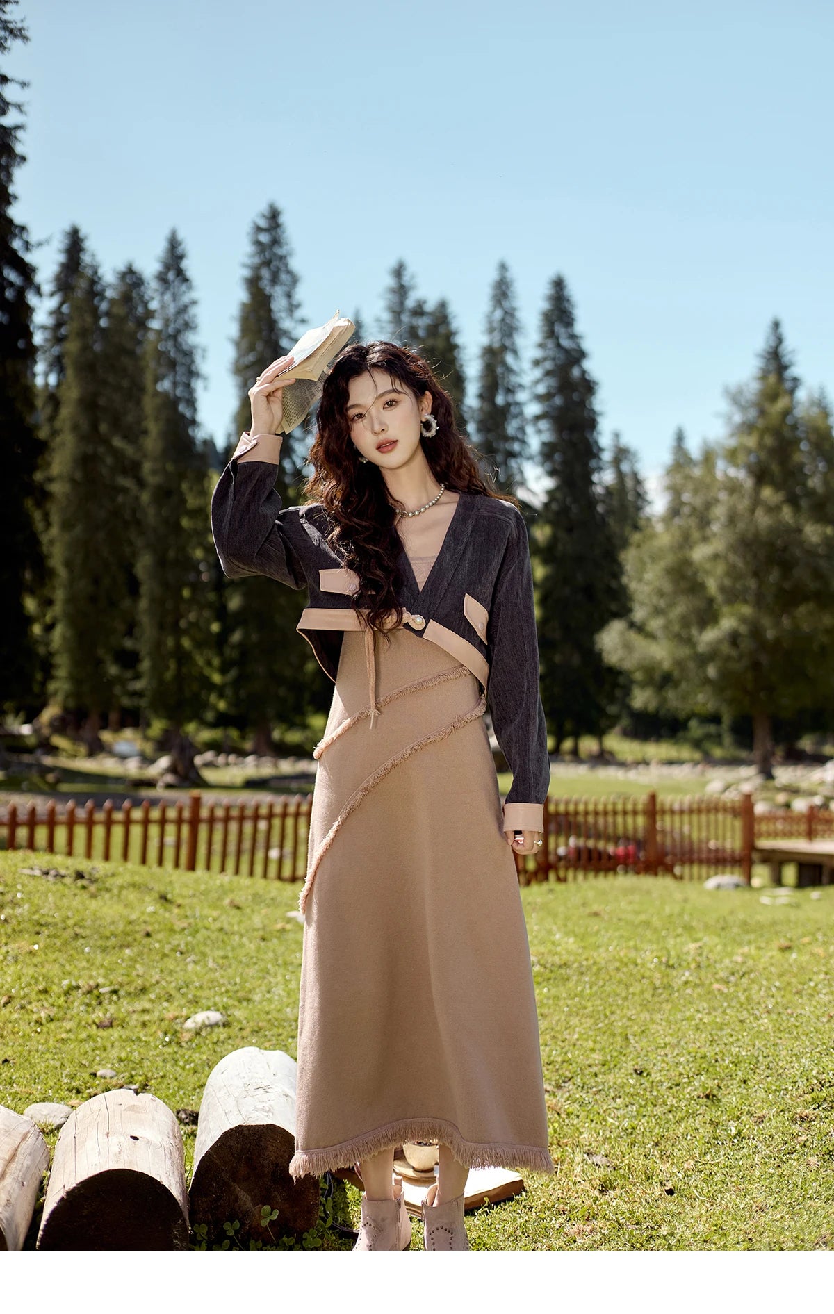 MISHOW Chenille Coat Knitted Strap Dress Separately Autumn Color Blocking Fake Pocket Top Square Neck Tassel Dresses MXD43L2041