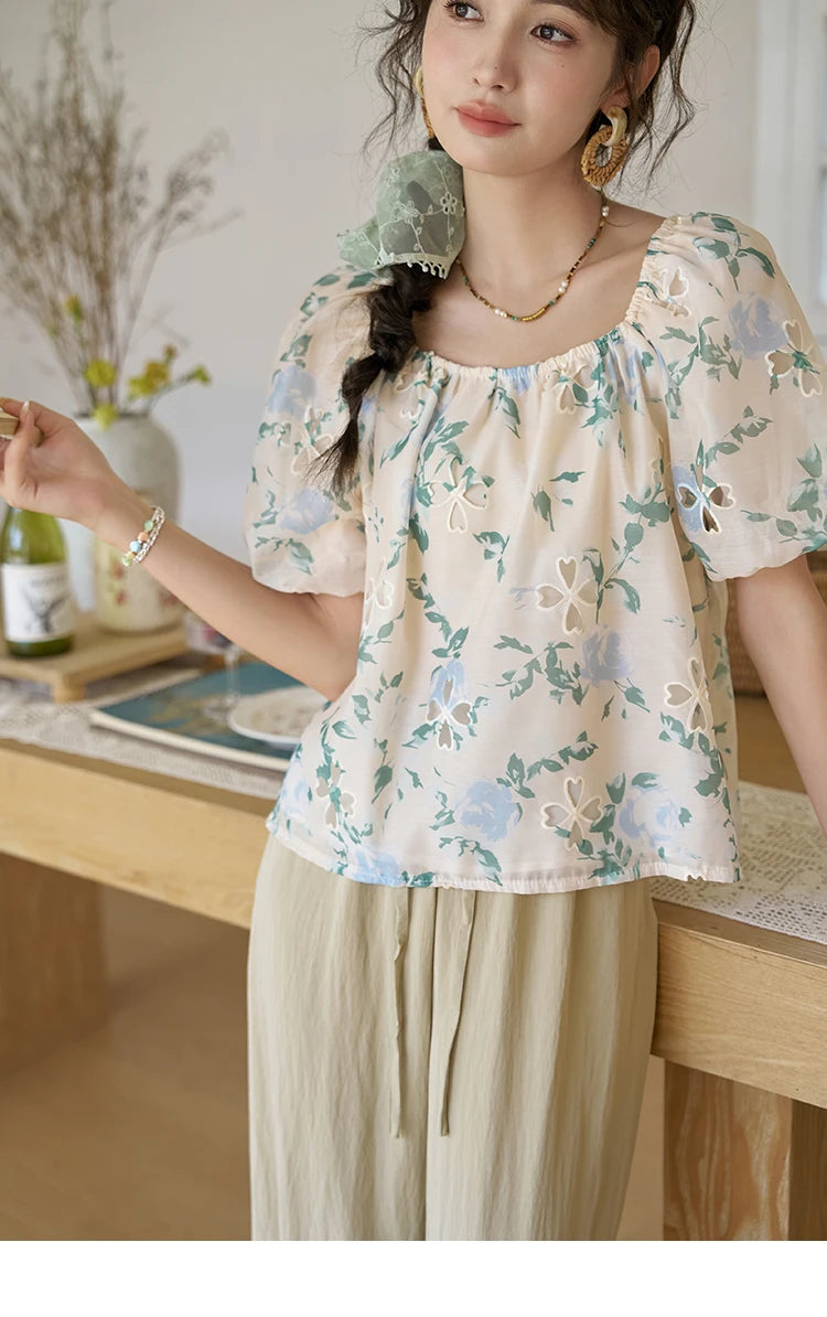 MISHOW Floral Hollow Blouse for Women 2024 Summer Korean Square Collar Elastic Blouses Sweet Puff Sleeve Loose Tops MXD29X1602
