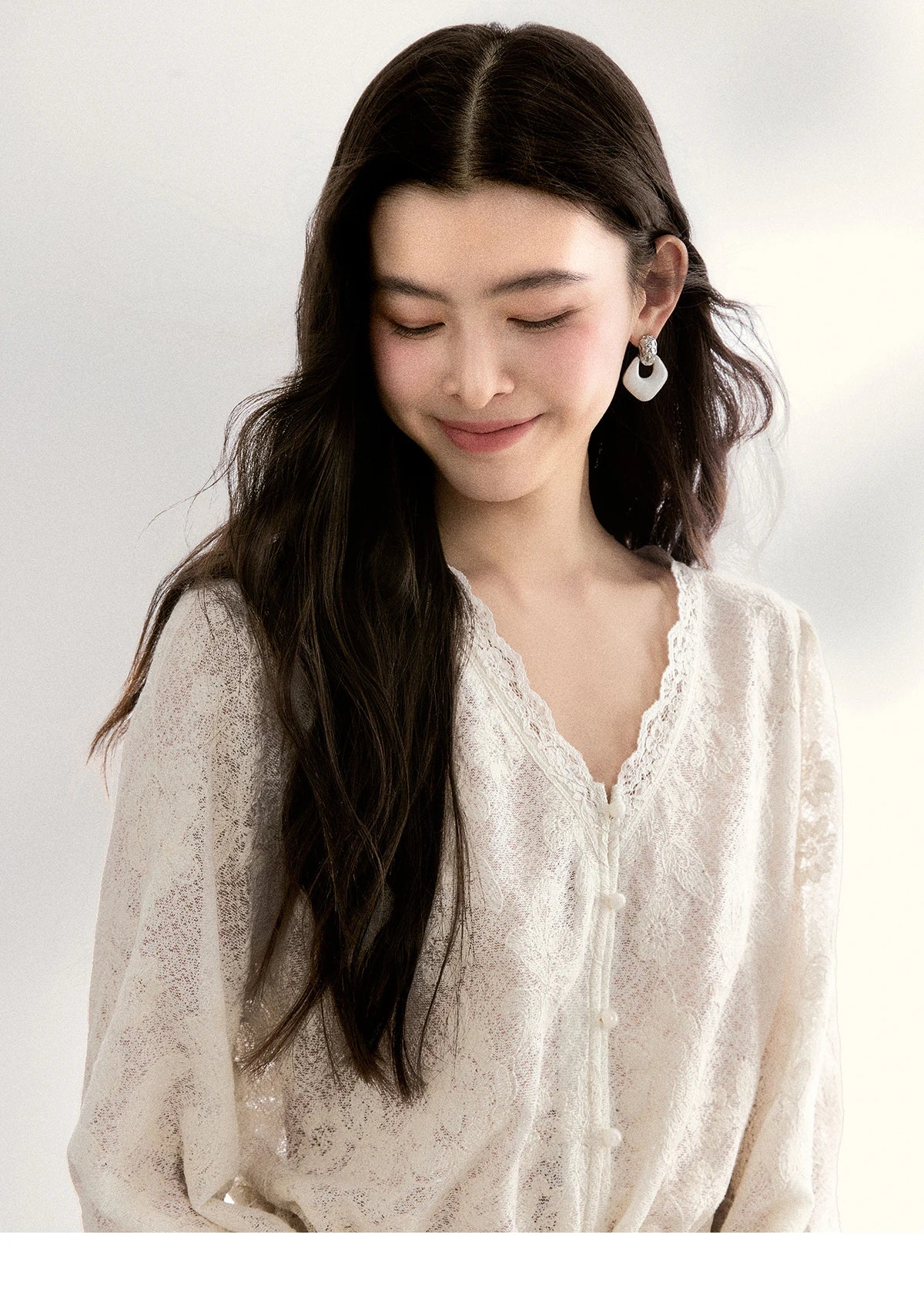 MISHOW Women's Lace V Neck Long Sleeve Shirts 2026 Spring Drawstring Waist Ruffled Hem Casual Loose Apricot Blouse MXF108X0998