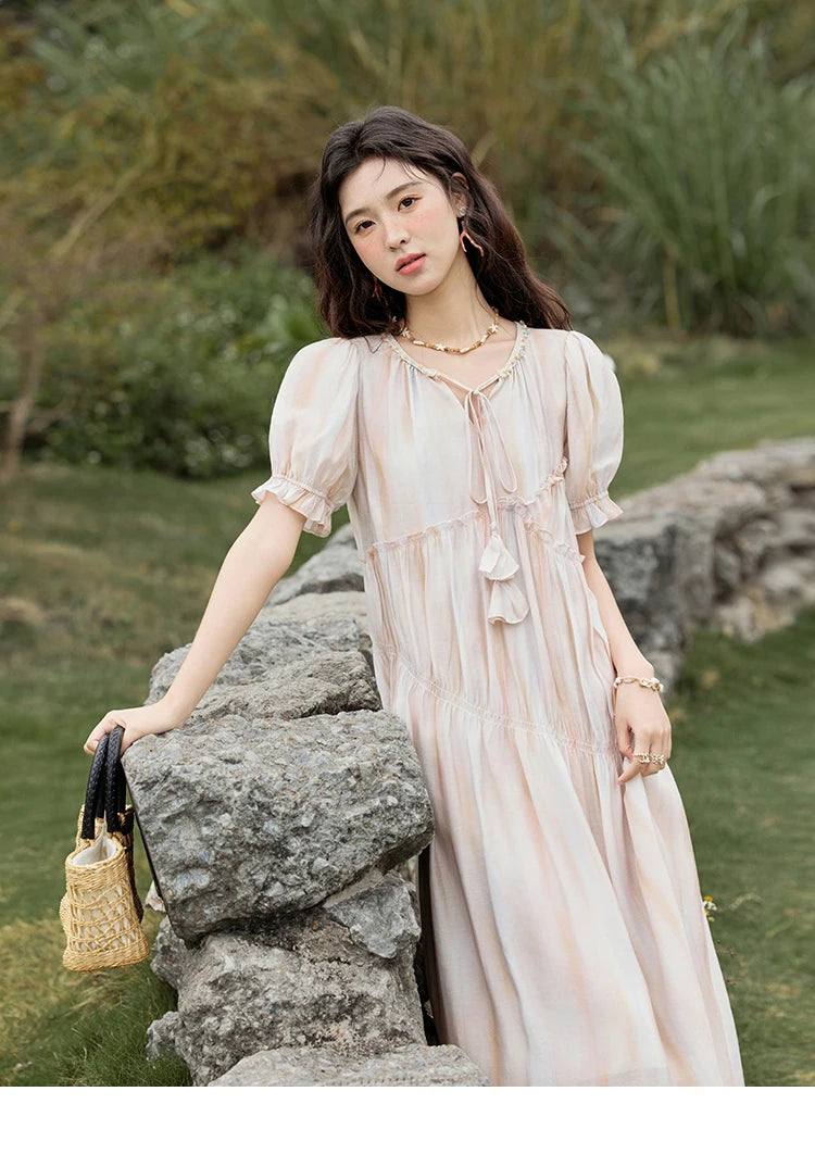 MISHOW French Summer Dress Women 2025 New V-neck Short Puff Sleeve Hollow Gradient Dresses Female Fashion Slimming MXE31L2166