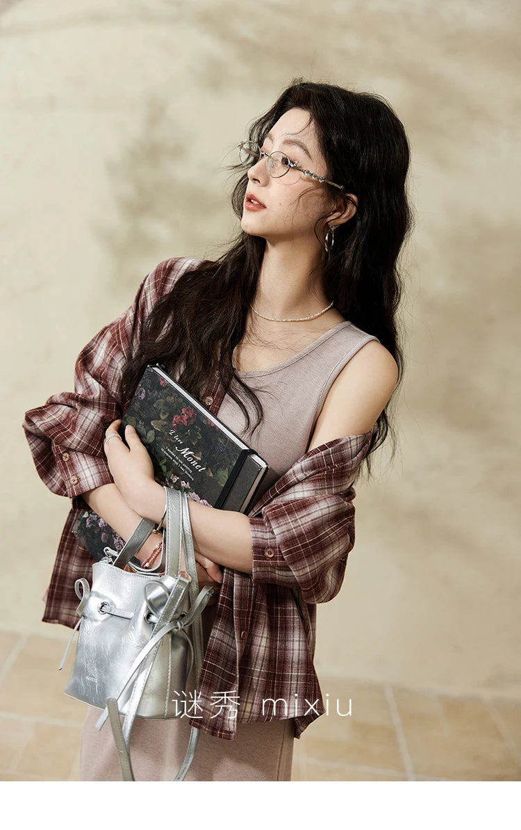 MISHOW Women's Plaid Shirt Grey Vest Dress Separately Spring Lapel Collar Shirt U-neck Sleeveless Dresses (Not A Set) MXE13L2093