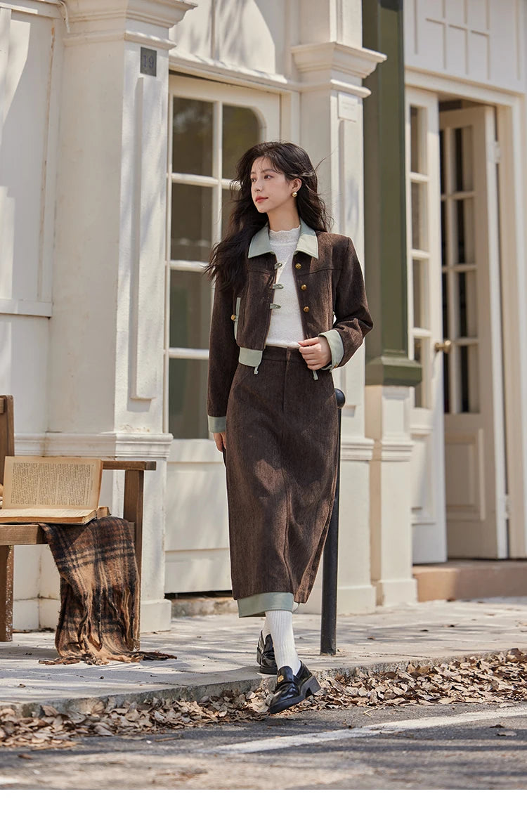 MISHOW Fragrant Jacket Rear Hem Slit Skirt Separately 2024 Winter Lapel Jackets Splicing Contrasting Leather Skirts MXD43W0444