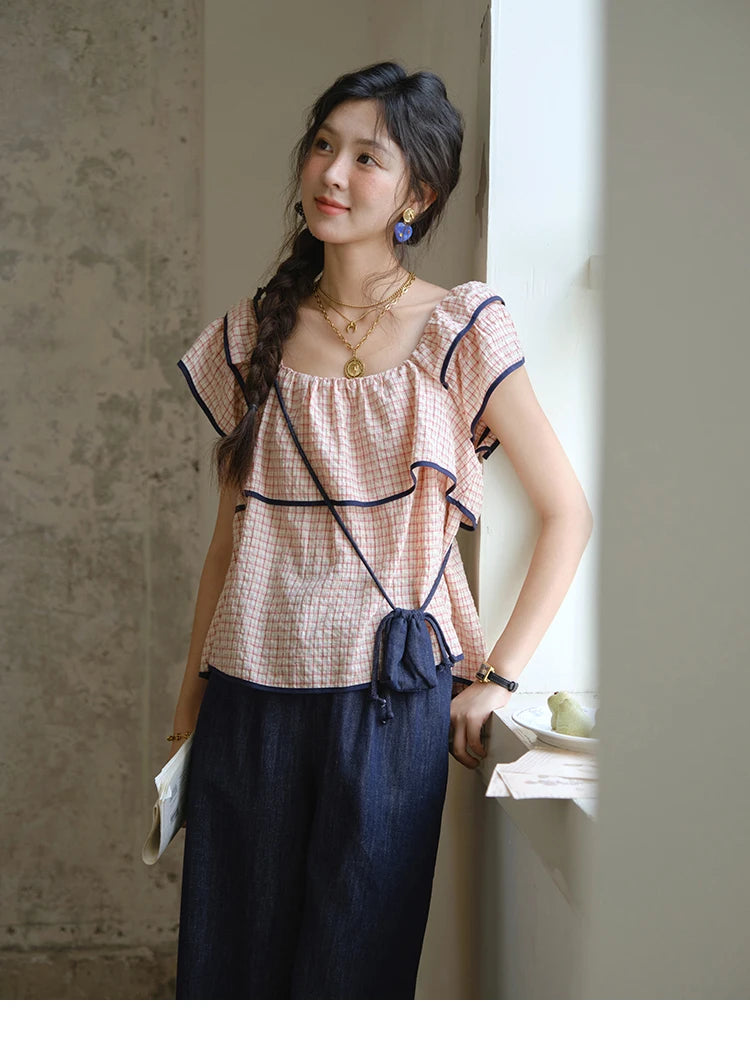 MISHOW Two-Piece Ladies Set Square Neck Ruffles Plaid Blouse High Waist Slim Wide Leg Casual Pants Set 2025 Summer MXE36T0636