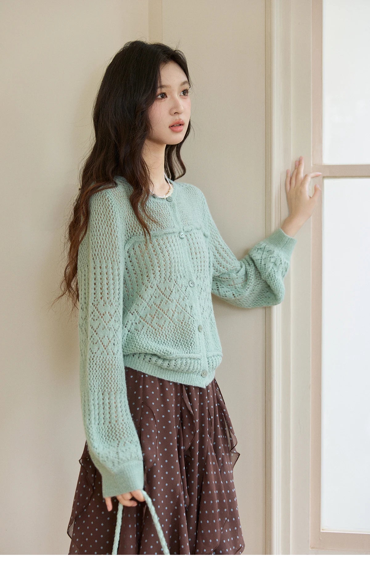 MISHOW Women's Mint Green Knitted Cardigan 2026 Spring Crew Neck Hollow Out Thin Tops Casual Loose Sheer Sweater MXF108Z1046
