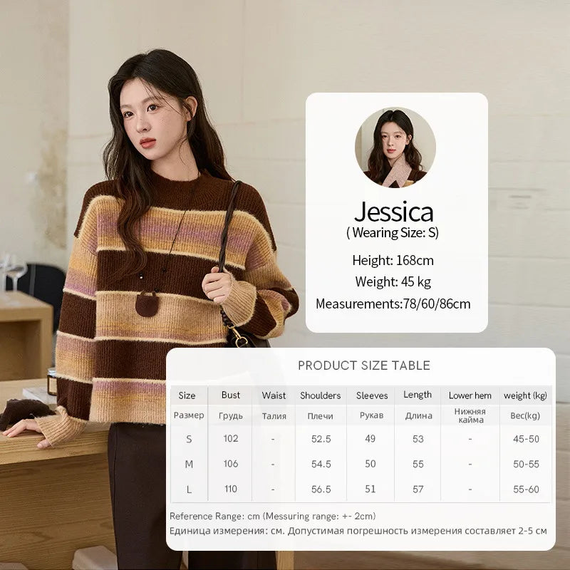 MISHOW Women's French Striped Gradient Sweater 2025 Winter Faux Mink Fleece Sweater Thick Casual Warm Knitted Top MXE94Z2891