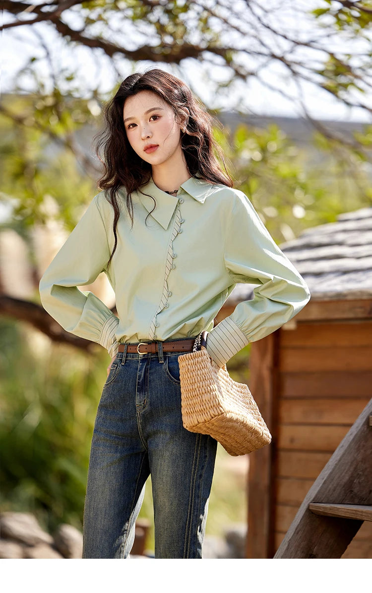 MISHOW Striped Patchwork Shirt for Women Spring 2025 Irregular Single Breasted Buckle Shirts Lapel Tops Office Lady MXE12C0412