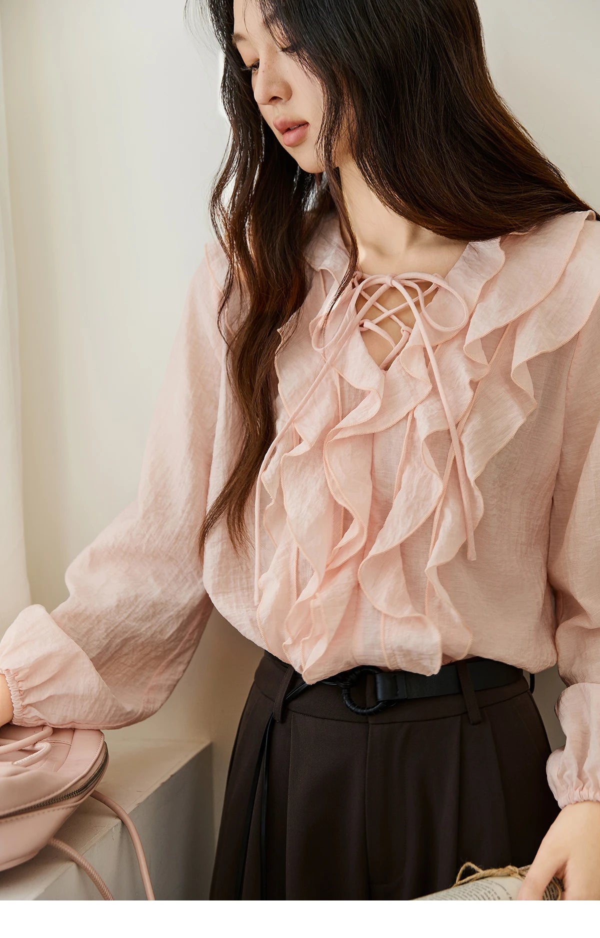 MISHOW Pink Ruffled Blouse for Woman 2025 Autumn New Elegant Sweet V-neck Lace-up Design Shirt Lantern Sleeves Top MXE49X2504
