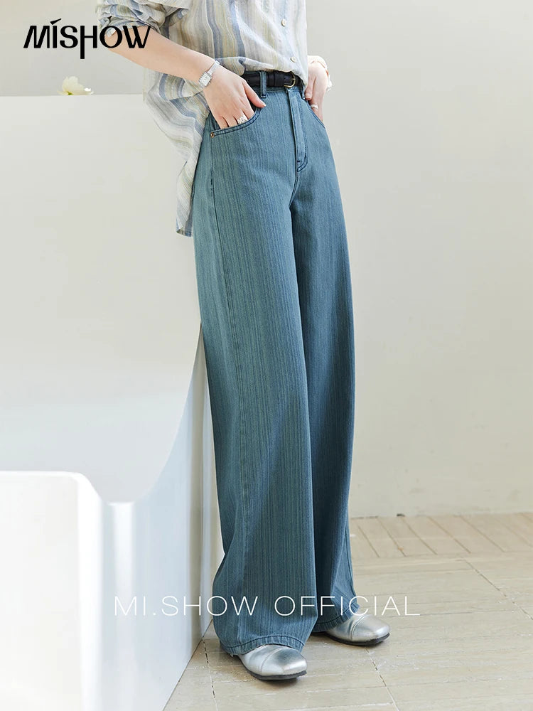 MISHOW Versatile Denim Straight Leg Pants for Women Spring 2025 Embroidery Pockets Commuting Loose Denim Trousers MXE14K0870