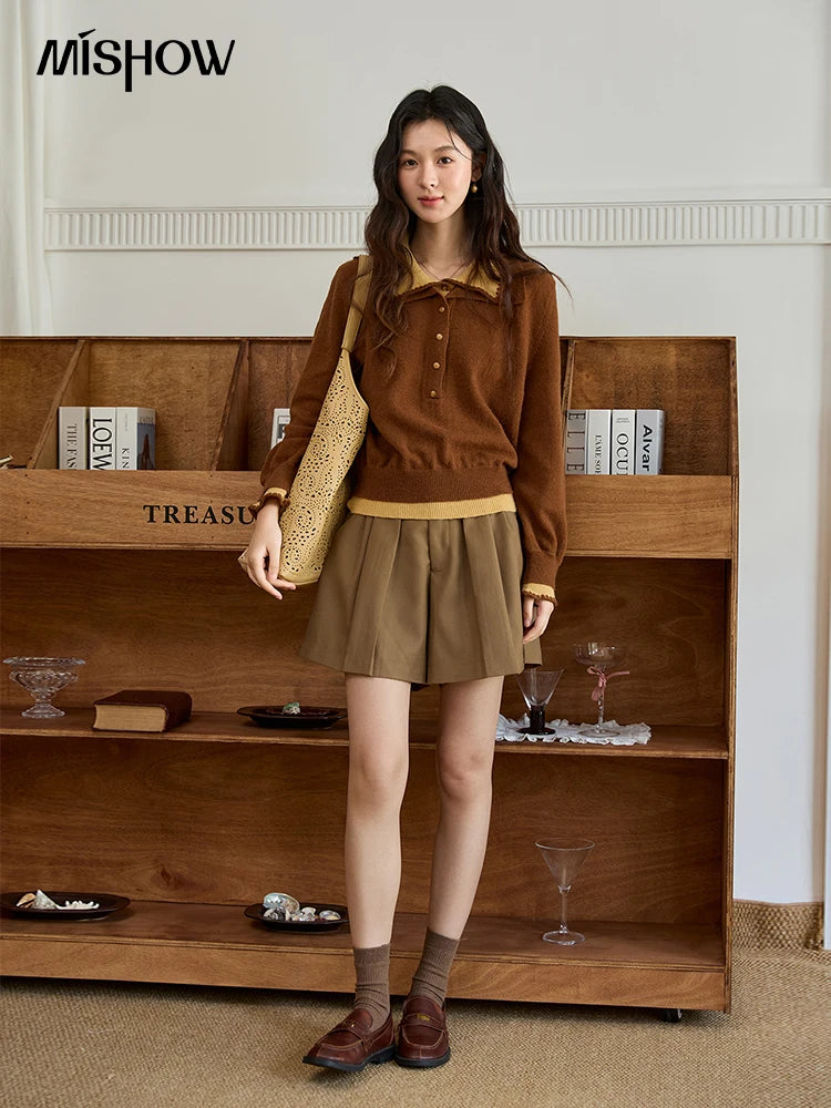 MISHOW Elegant Women's Sweaters 2025 Autumn Designer Knitted Double-layer Turn-down Collar Loose Long Sleeves Tops MXE45Z2502