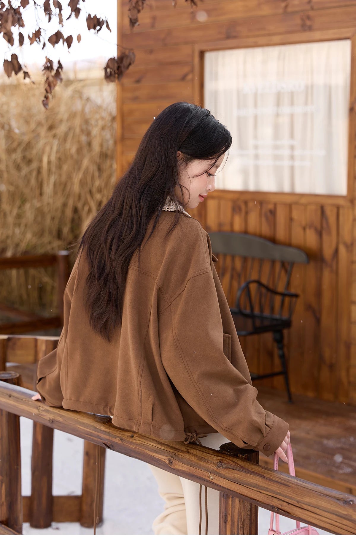 MISHOW Brown Jacket for Women 2025 Autumn Winter Retro Detachable Lace Collar Drawstring Hem Jacket Women's Clothing MXE45W0846