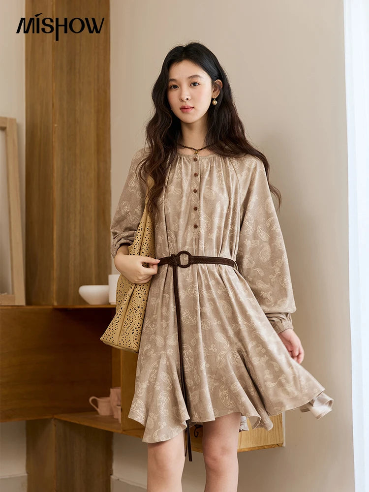 MISHOW Cashew Flower Dress Woman 2025 Autumn Retro Waist Irregular Hem Mid-length Dress Commuter Long Sleeves Dress MXE48L2513