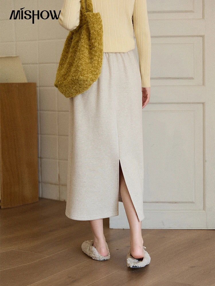 MISHOW Woman Brown Skirt 2025 Retro High Waist Loose Fitting Half Body Skirt with Back Split Straight Leg Long Skirt MXE90B2447