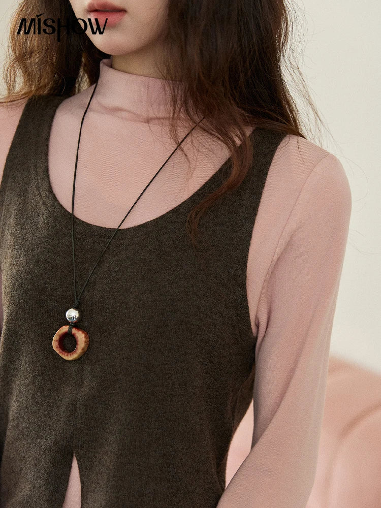 MISHOW Two-piece Suit for Women 2025 Winter Retro Turtleneck Knit Long-sleeved Tops Square Collar Vest Woman Set MXE88T1440