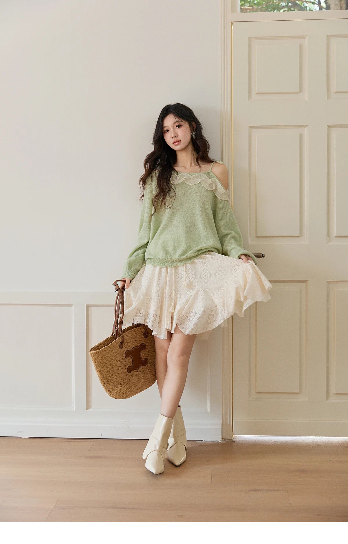 MISHOW Women's Light Green Knit Sweater 2026 Spring Asymmetrical Side Exposed Shoulder Tops Ruffled Casual Loose Top MXF108Z1027