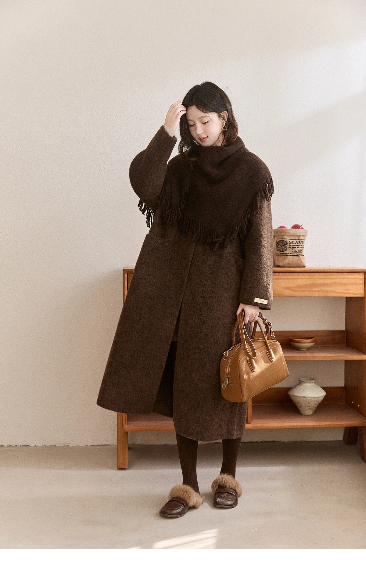 MISHOW Women's Woolen Coat with Scarf Winter Invisible Buckle Design Wool Overcoat Loose Elegant Warm Outerwear MXE93W1030