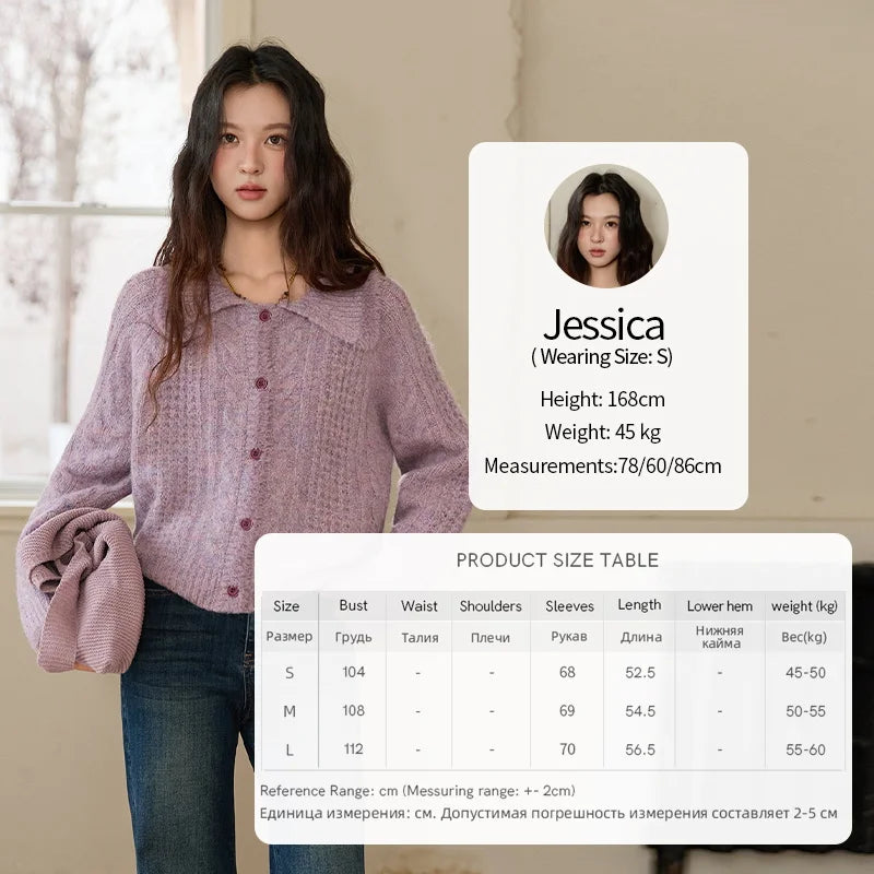 MISHOW Cardigans Ladies 2025 Winter Loose Retro Purple Turn-down Collar Imitation Mink Sweater Commute knit Top MXE88Z2616