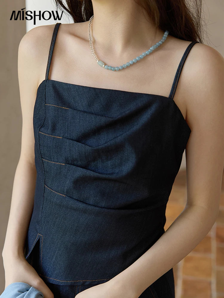 MISHOW Imitation Denim Casual Camisole Desses for Women Autumn 2025 Solid Lace-up Cardigan Separately (Not A Set) MXE41T0693