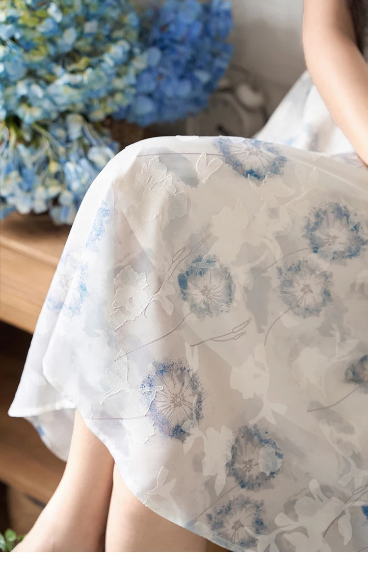 MISHOW 【Taraxacum Series】Chiffon Dress for Women 2023 Summer French Taraxacum Printing V-neck Waist Puff Sleeve Dress MXC39L1555