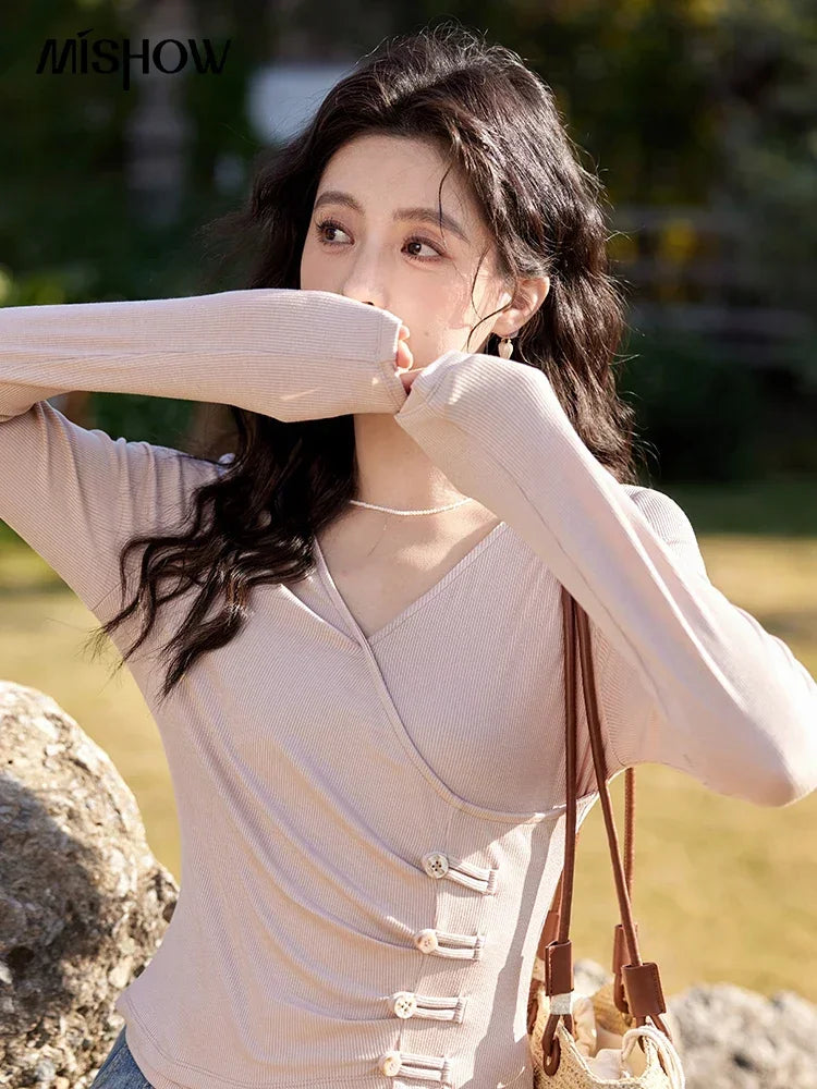 MISHOW Knitted Sweater Solid Color V-neck Long Sleeved Women Spring Summer New Fashion Elastic Slim Tshirt Tops Sweet MXE11Z1076