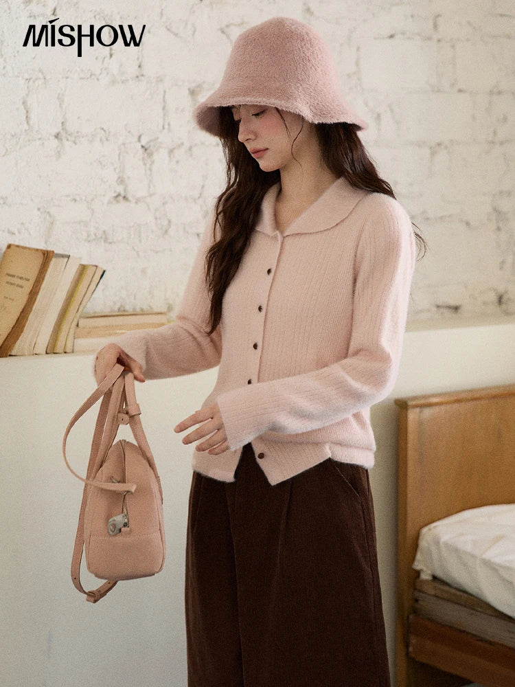 MISHOW Woman Yellow Cardigan 2025 Winter Imitation Mink Fur Knitted Cardigan Turn-down Collar Long Sleeves Soft Top MXE89Z2671