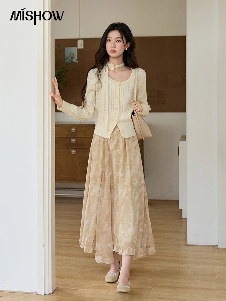 MISHOW Women's Beige Cable Knit Cardigan 2026 Spring Square Neck Long Sleeve Slim Casual Knitwear with Flower Ribbon MXF11Z2903