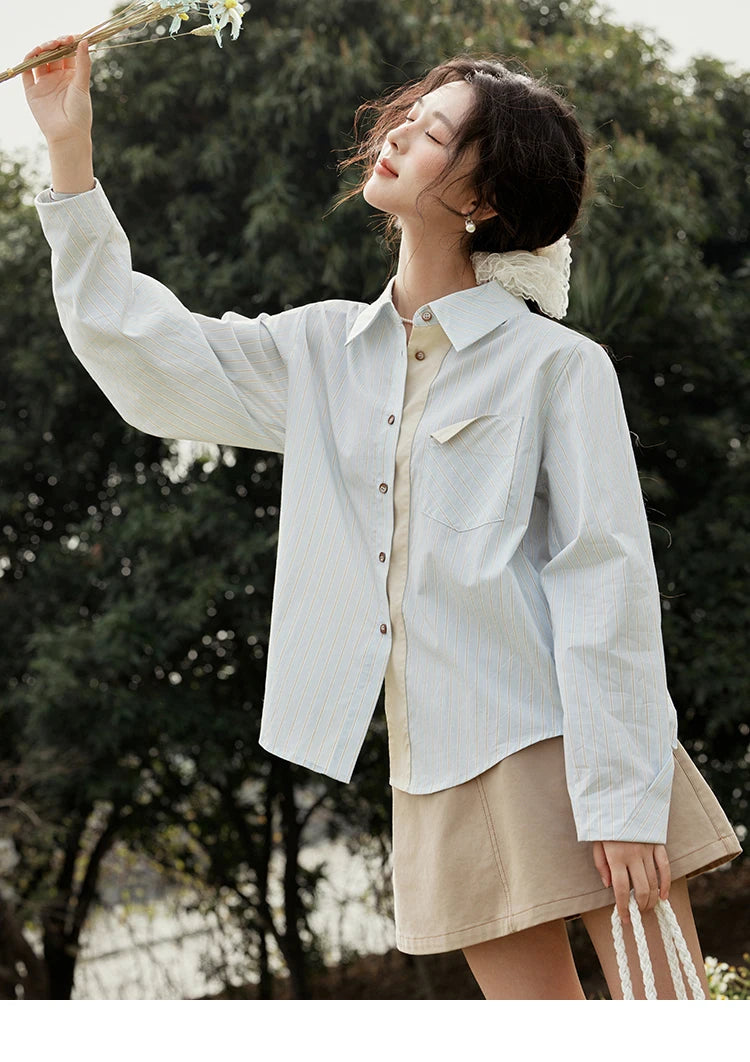 MISHOW Light Blue Striped Shirt for Women Spring 2025 Contrast Color Placket Shirt 100 Cotton Polo Neck Commuting Top MXE15C0762