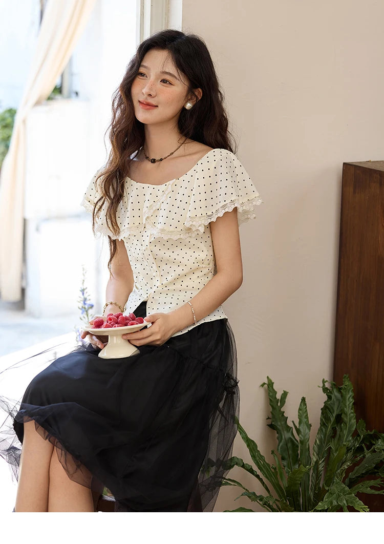 MISHOW Women's Apricot Polka Dot Shirt 2025 Summer French Ruffle Edge Patchwork Lace Shirts Short Sleeved Slim Top MXE34X1783