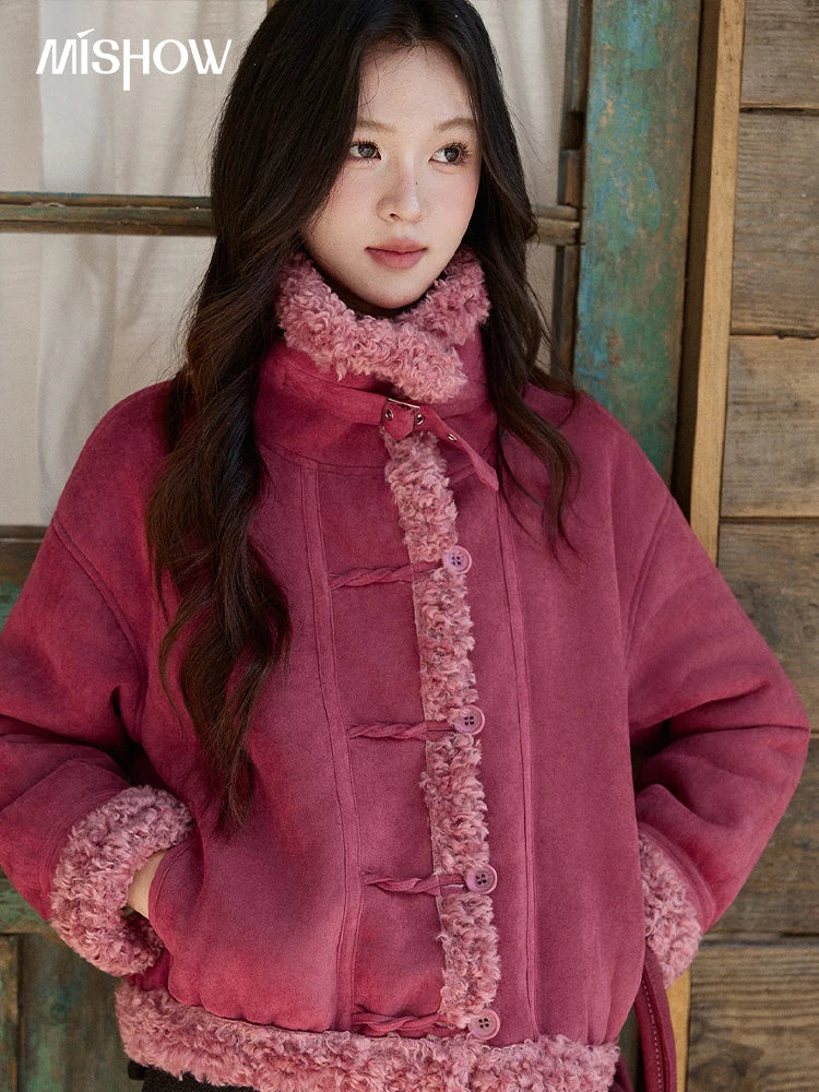 MISHOW Women's Dragon Fruit Red Suede Patchwork Coat 2025 Winter Color Block Stand Collar Thickened Short Outerwear MXE87W0942