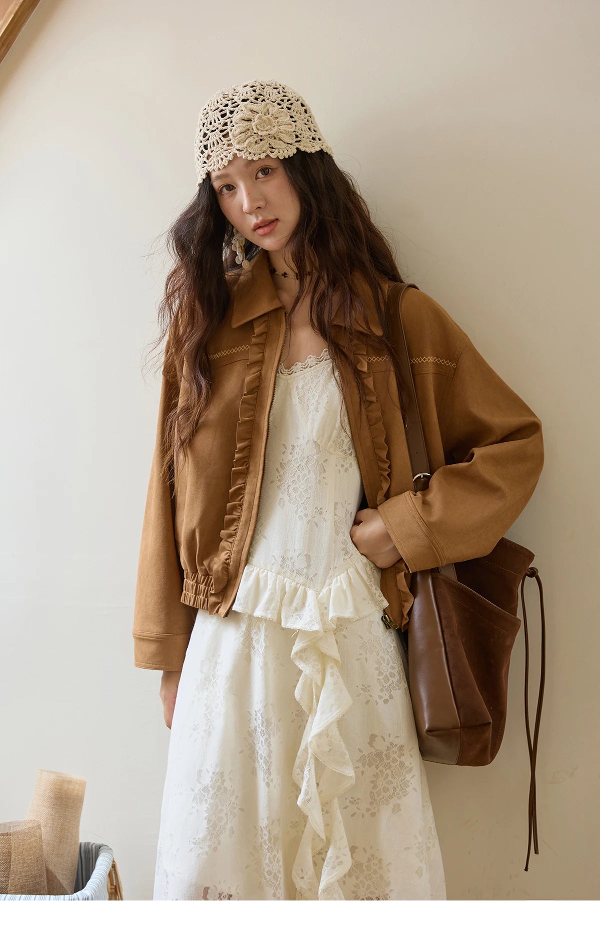 MISHOW Bohemian Apricot Lace Camisole Inner Dress Autumn Irregular Ruffle Tassel Hem Dresses Front Side Fork Dress MXE43L2449