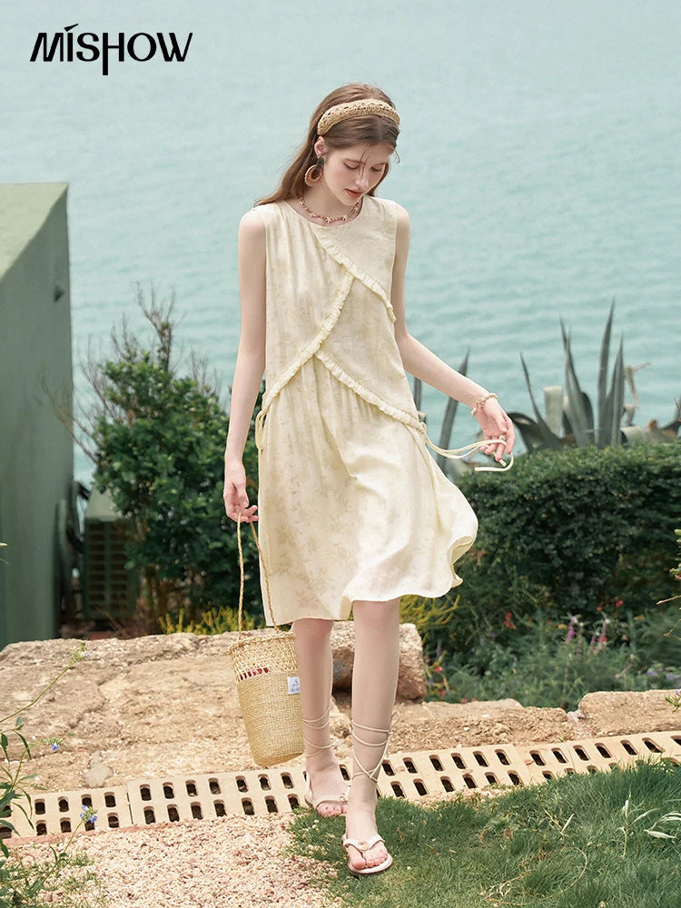 MISHOW French Sleeveless Suspender Dress for Women Summer Round Neck Auricularia Auricula Edge Lace-up Vest Dresses MXD26L1821