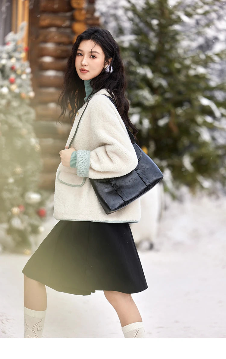 MISHOW Lamb Wool Jacket Women Cuffs Spliced Lace Metal Buttons Design Suede Plush Soft Warm Solid Leather Fur Coats MXD58W0740