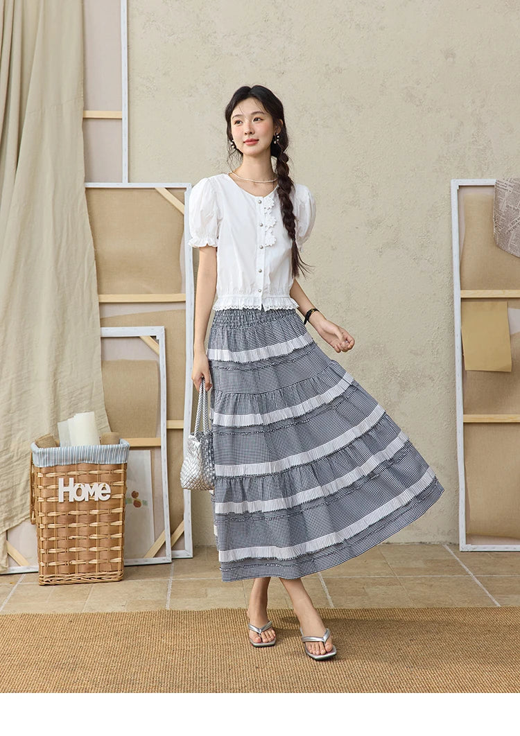 MISHOW Sweet Lace Pufff Sleeve Shirt Summer 2025 Flower Single Breasted Buttons Short Shirts Hem Elastic Waist Tops MXE34X1820