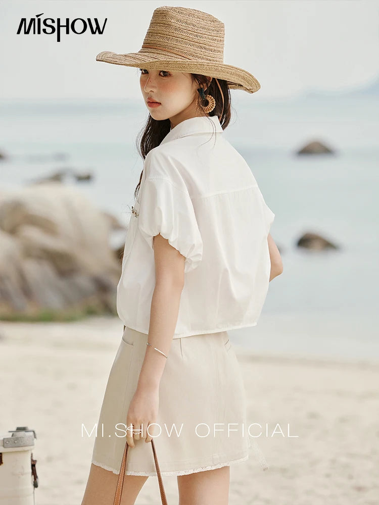 MISHOW Casual Summer Blouses Women 2025 New Short Puff Sleeve Turn Down Collar Shirt Female Fashion Shell Ribbon Tops MXE33C0773