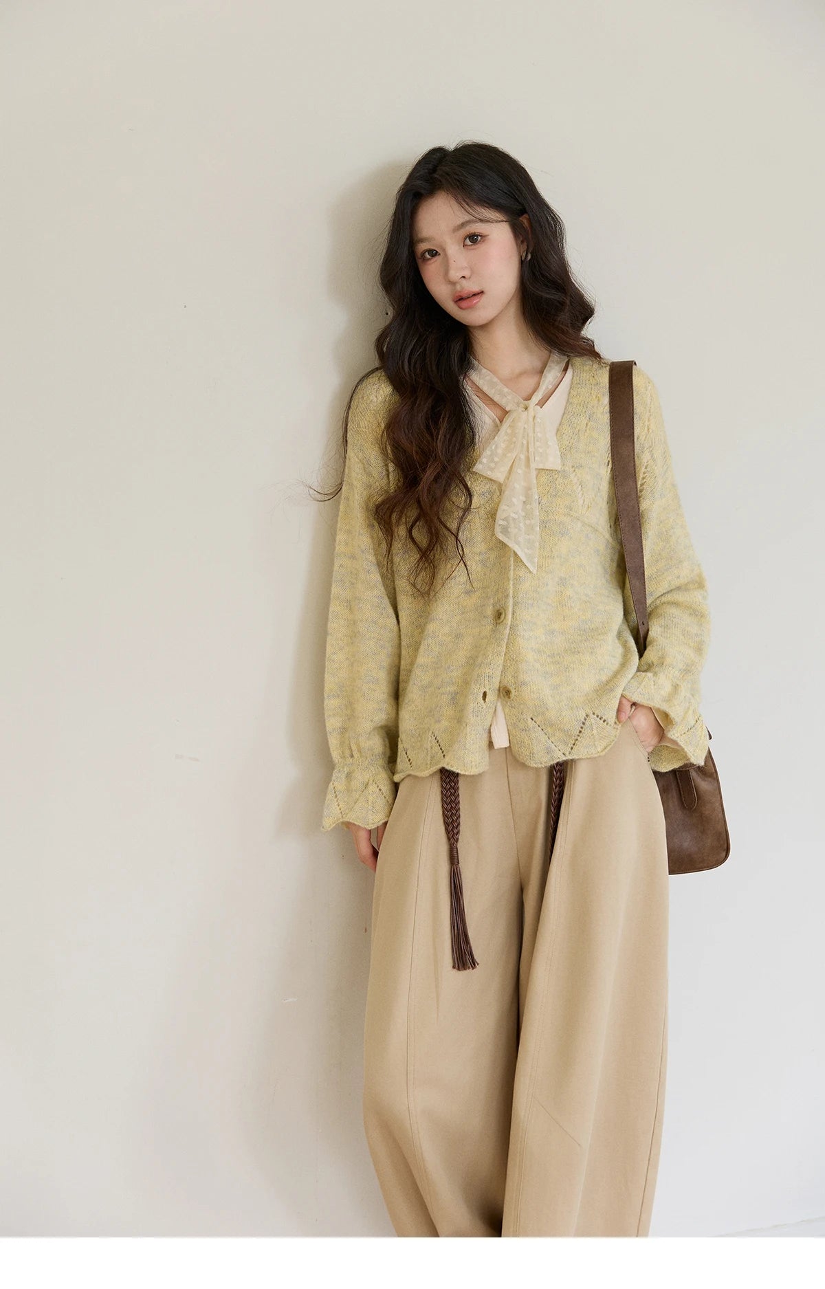 MISHOW Women's Marled Yellow Mohair Knit Cardigan 2026 Spring V-Neck Flare Sleeve Cardigans Casual Loose Sweater MXF108Z1021